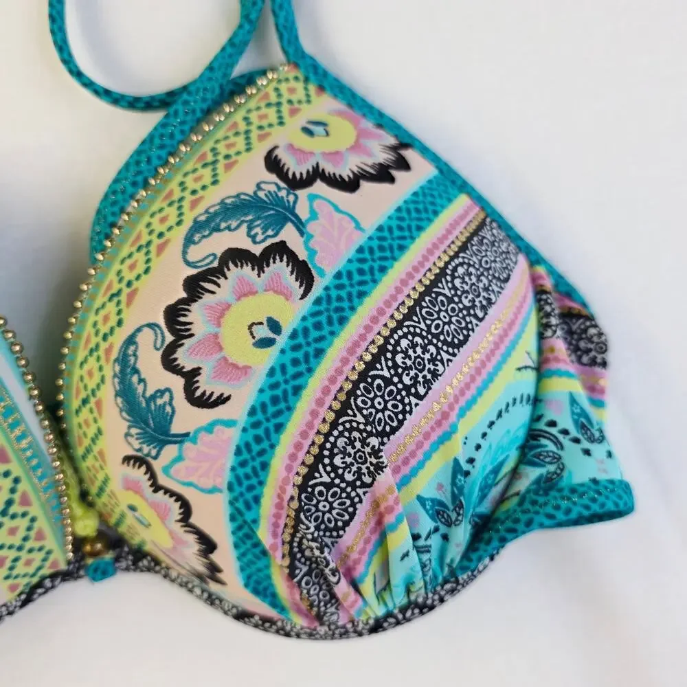 Shade & Shore Padded Bikini Top 34B Teal Paisley Tassel Underwire Boho Swim